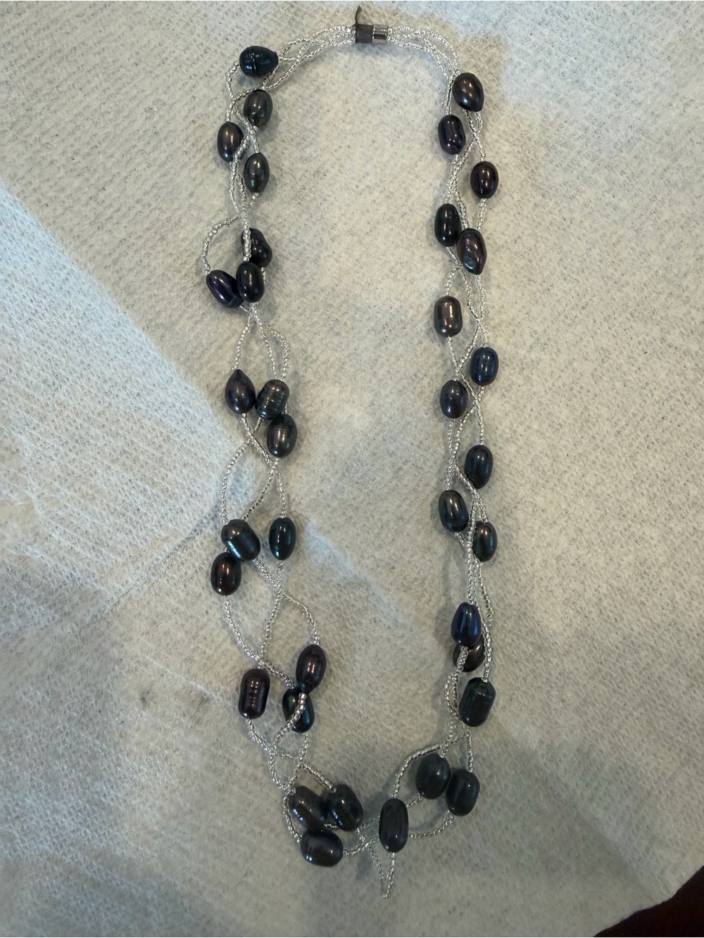 Silver Beaded Necklace with Dark Peacock Iridescent Pearls - Women Jewelry